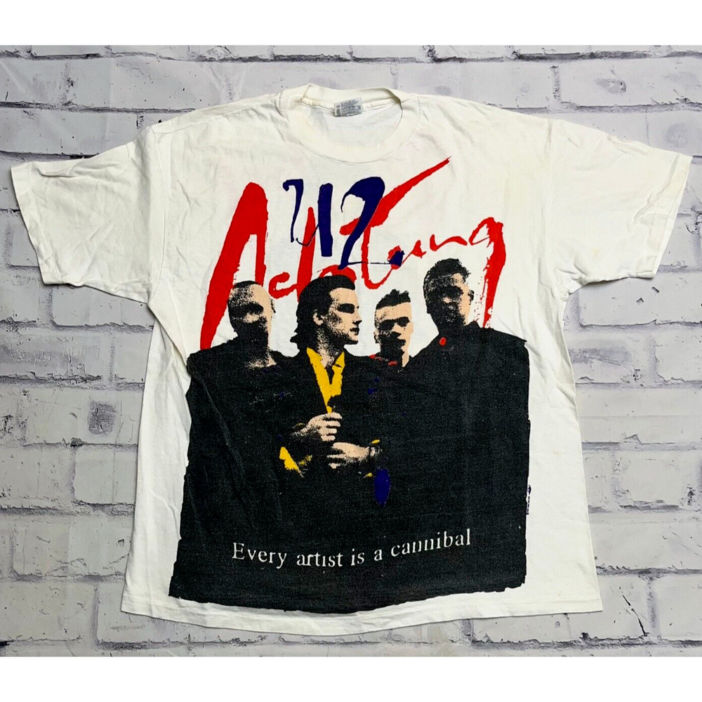 U2 Shirt XL White Achtung Baby Every Artist Is A Cannibal Vintage Rock Bank Tee